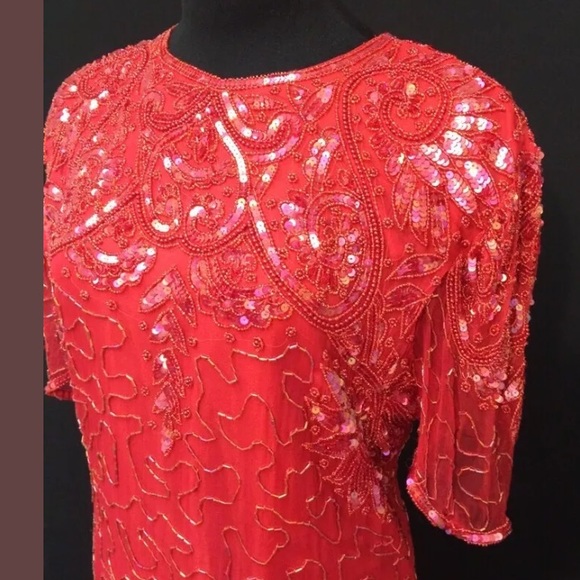 Beaded Sequined Vtg Red Silk Cocktail Dress Sz Sm - Picture 5 of 11